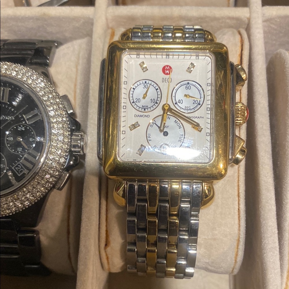 Michele Gold and Silver Chronograph Watch with Diamond Accents